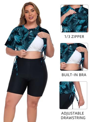 Inno Women's 2 Pcs Plus Size Rash Guard Set with Built-in Bra Zip Swim Top UPF 50+ Adjustable Ruched Side Swimsuit2