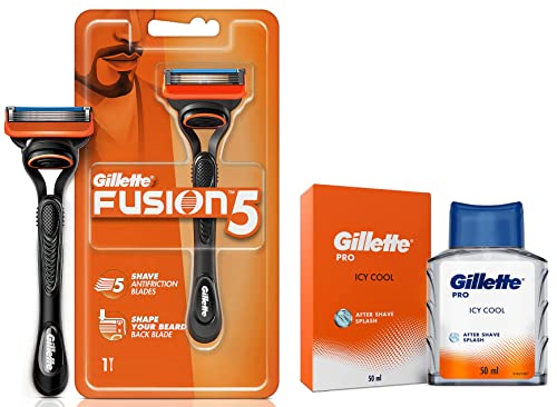 Image of Gillette Fusion Manual Razor for Men for Perfect Shave and Perfect Beard Shape & Gillette PRO AFTER SHAVE SPLASH ICY COOL 50ML, White