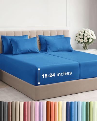 Image of Extra Deep Split King Sheet Set - 7 Piece Breathable & Cooling - Royal Blue | Hotel Luxury Bed Sheets Set, Easy & Secure Fit, Ultra-Soft, Wrinkle & Fade Free, Comfy Sheets Set with Extra Deep Pockets