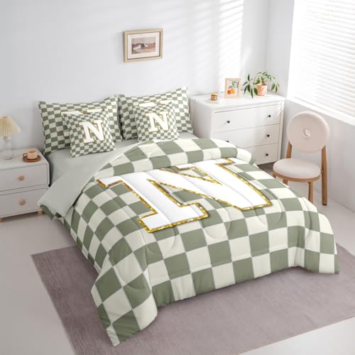 Image of Erosebridal Sage Green Checkered Full Comforter Set with Sheets 7 Piece Plaid Initial N Bed in A Bag Personalized Monogram Bedding Sets for Kids Adults,Fashion Grids Gingham Bed Set
