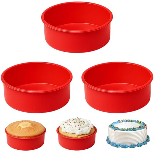 GYTFOG 3 PCS Silicone Cake Moulds 6 Inch Cake Tins for Baking Round Cake Baking Pan Non-Stick and Quick Release Baking Pans Cheesecake Bread Cheese Rainbow Cake Mousse Muffin (Red)