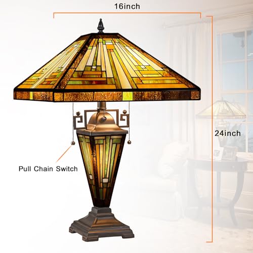 Capulina Tiffany Lamp Stained Glass Table Lamp 16X16X24 Inches Mother-Daughter Vase Amber Brown Mission Tiffany Style Desk Reading Lamp for Living Room Bedroom Study Home Office