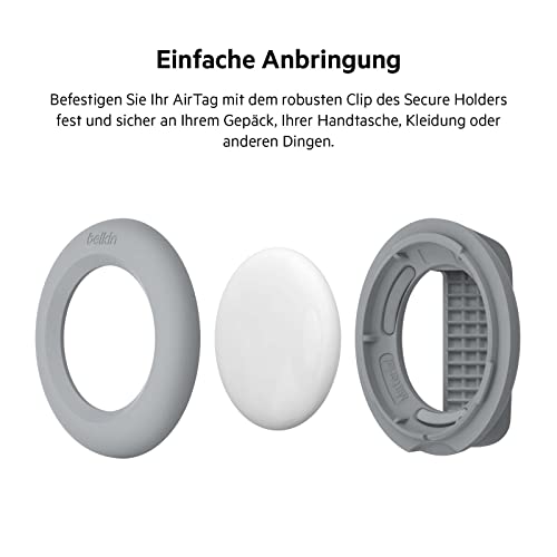 Belkin Apple AirTag Hülle mit Clip, Secure Holder Schutzhülle mit Schlüsselanhänger, Schlüsselring, Zubehör mit Kratzschutz – Hellgrau