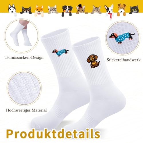 Jadive 4 Paar Dackel Socken Katzensocken Geschenke Damen Herren Valentinstag Tennissocken mit Motiv Crew Socken für Freundin Freunde Geburtstage Dackelliebhaber Katzenliebhaber(Dackel,36-42)
