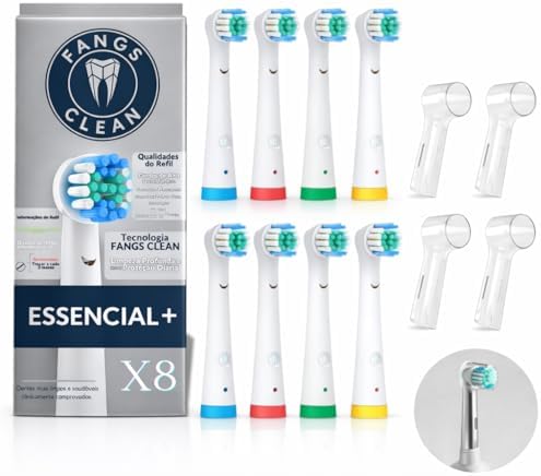 Caixa do kit com 8 cabeças de reposição para escova elétrica, com destaque para a marca Fangs Clean e a quantidade X8.