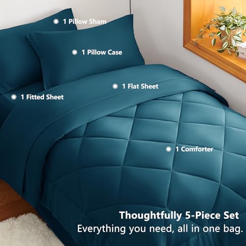 Image of CozyLux Twin XL Comforter Set Lyons Blue - 5 Pieces Twin Extra Long Bed in a Bag for College Dorm, All Season Bedding Set for Girls and Boys, Soft Bed Set with Comforter, Sheets, Pillowcase & Sham