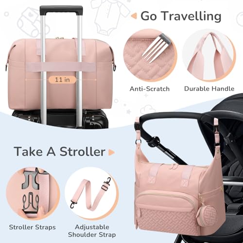 Image of Tenot Diaper Bag Tote with Pacifier Case, Baby Bag for Women with Shoulder Straps, Travel Diaper Tote for for Mom and Dad Medium Size, Pink