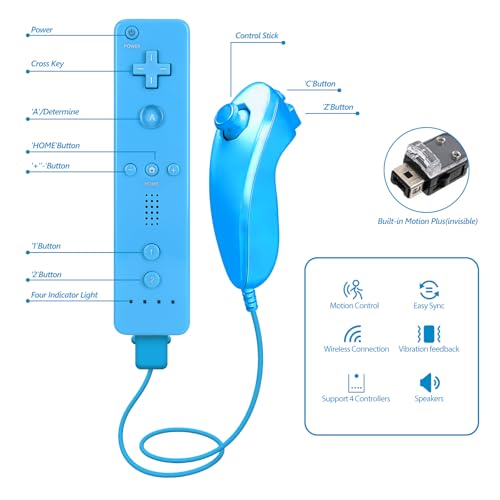 Image of HZIME Replacement Remote Controller Compatible for Wii & Wii U, Built-in 2 in 1 Motion Plus with Silicon Case and Nunchuck (2 Pack Blue & Red)
