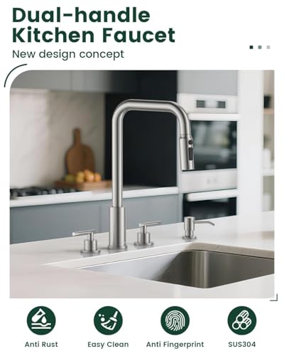 Image of APPASO 4 Hole Widespread Kitchen Faucet with Separate Handle Brushed Nickel | 2 Handle Kitchen Sink Faucet with Pull Down Sprayer and Soap Dispenser, Square Spout Stainless Steel for 3 & 4 Holes Sink