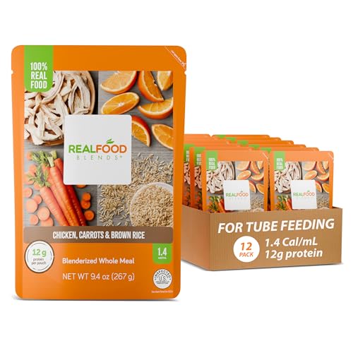 Image of Real Food Blends Chicken, Carrots & Brown Rice - Pureed Food Meals for Tube Feeding with Protein, Vegetables & Fruits - 340 Calories for Lunch & Dinner - 9.4 oz (Pack of 12)