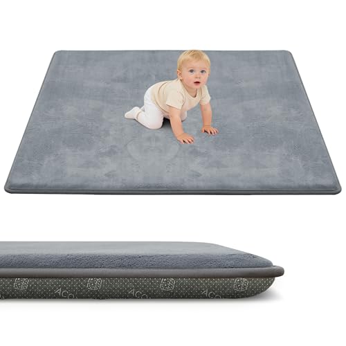 ACOMOPACK 1.3 Thick Baby Play Mat for Floor 59x71-Large Water-Repellent&Non-Slip Memory Foam Mat for Kids Toddlers Soft Velvet Nursery Rug for Tummy Time&Crawling Yoga Tatami Style(Grey)