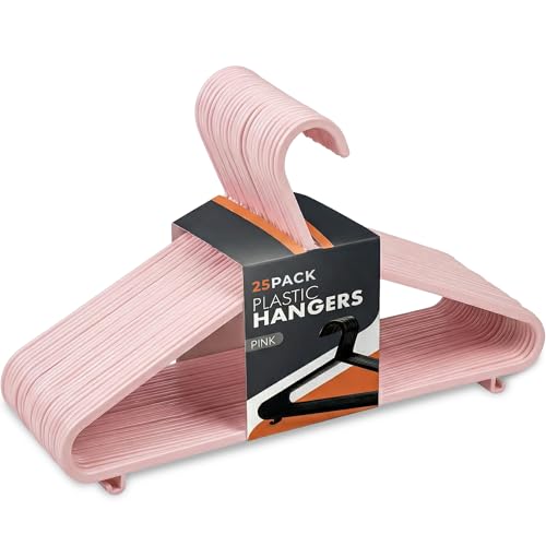 Scott 11 Plastic Coat Hangers 25 Pack - Adult Pink Strong Clothes Hangers For Clothes Durable With Hooks For Space-Saving Lightweight Non-Slip Slim Design For Trousers Shirts & Suits