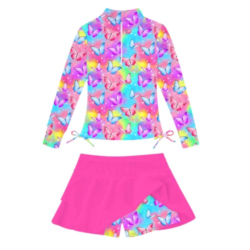 Image of Vogseek 3-12T Girls Swimsuit Long Sleeve Rashguard Bathing Suits Swim Set | Quick Dry, UPF 50+ Sun Protection, Swimming Skirt, Boyshorts, Zipper Two Piece Long Sleeve Swimsuits, Adjustable Drawstring