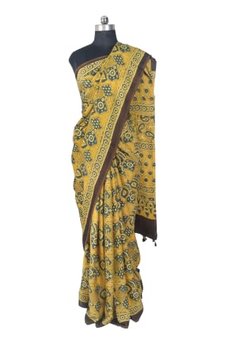 Image of Ethnics of Kutch Womenss Ajrakh Modal Silk Natural Dye Hand Block Print Saree with Blouse Piece - 5.5 Mtr Length