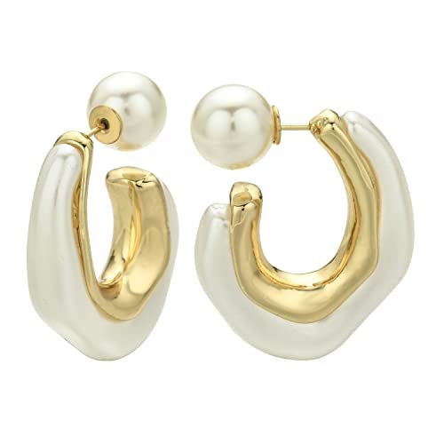 Acrylic Resin C Shape Open Hoop Earrings with Pearl Ball Back Hypoallergenic Double Sided Faux Pearl Statement Hoop Earrings for Women