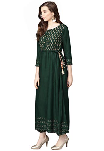 Image of Ishin Women's Viscose Rayon Green Printed Anarkali Kurta suit set with Palazzos