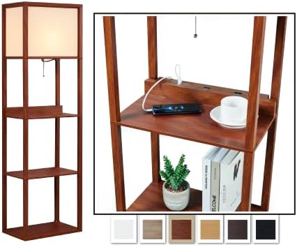 ATAMIN Avery Plus Charging Edition - 63" Floor Lamp with USB-C Charging Station, Shelf Lamp for Living Room and Bedroom, Standing Lamp with Shelves, USB, USB-C, and Power Outlet (Walnut)