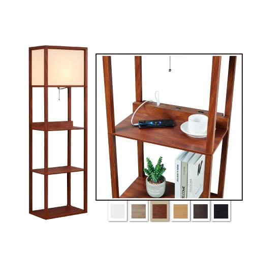 Atamin Avery Plus Charging Edition - 63" Floor Lamp With Usb-C Charging Station, Shelf Lamp For Living Room And Bedroom, Standing Lamp With Shelves, Usb, Usb-C, And Power Outlet (Walnut) #TOP2