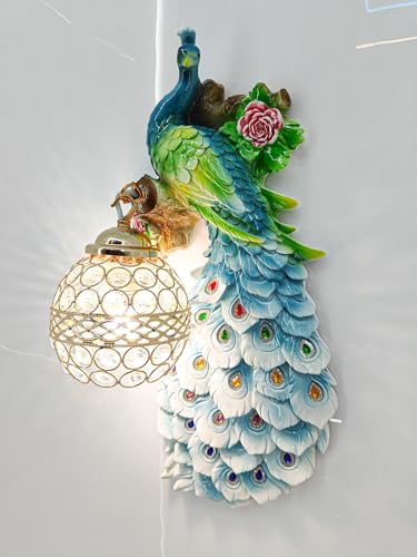 Image of swanart Decorative Plumora Peacock Wall Light with Crystal Lamp - 46 cm Artistic LED Wall Mount Light, Vibrant Colors & Gold Accents for Bedroom, Living Room, and Hallways - 3D Handcrafted Design