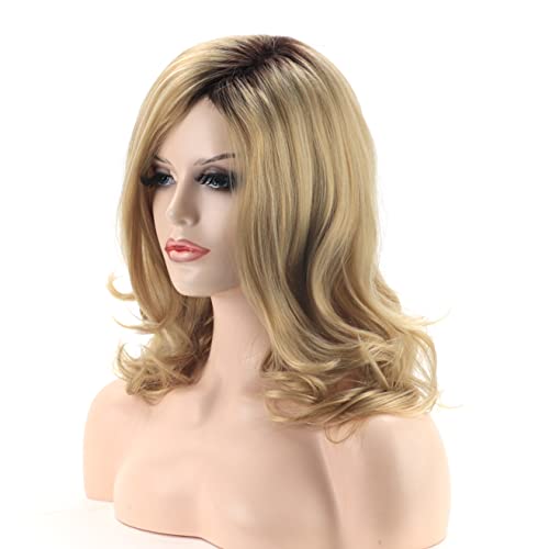 Renershow Medium Blonde Curly Wigs For White Women Ombre Blonde Wavy Synthetic Wig With Dark Roots Side Part Wavy Hair Repalcement Wig #TOP1