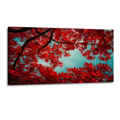 Canvas Wall Art Prints Vibrant Red Leaves Framing Clear Sky