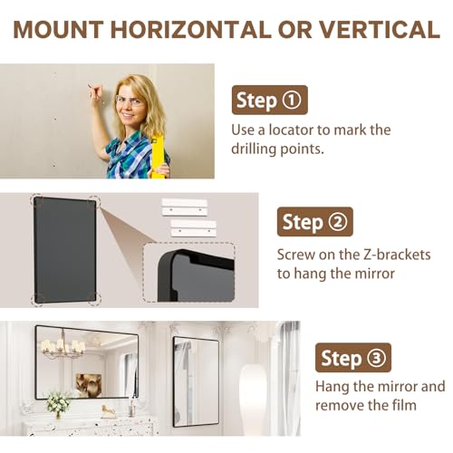 Image of pertetey 55 x 36 in Rounded Rectangle Bathroom Mirror | Black Metal Frame, Tempered Glass, Wall Mounted