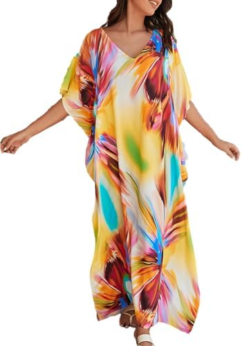 Bsubseach Women Loose Colorful Beach Cover Up Kaftan Dress Short Sleeve Swimsuit Cover Ups