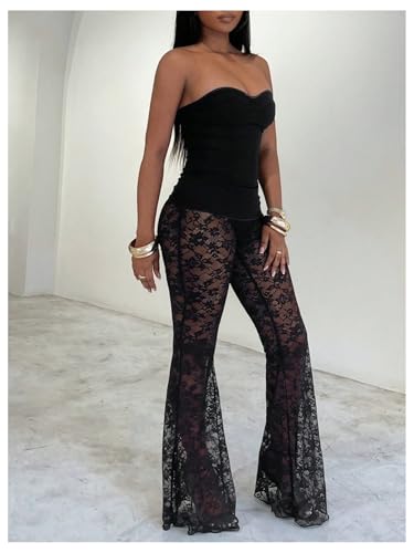 GORGLITTER Women's Floral Mesh Lace Pants Sexy Sheer See Through Rave Going Out Trousers Y2k Grunge Bell Bottoms4
