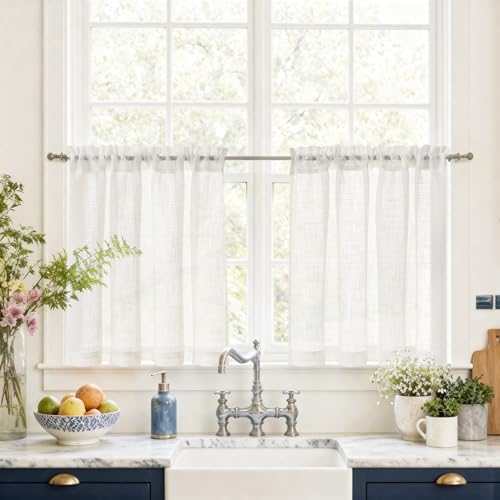 Vangao Rideau Cuisine Voilage Blanc Salon Chambre Fenetre Placard 90L x 60H cm 2 Pièces Rideau sous evier court Petit Passe Tringle Moderne Interieur Tamisant...