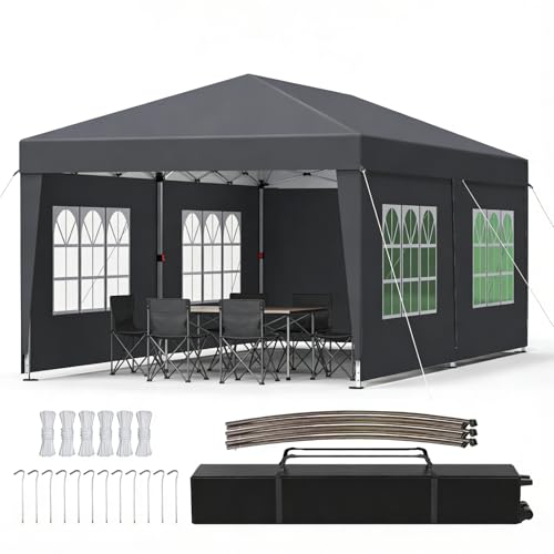 Ferzone Tonnelle de Jardin Pliante 3x6m, Pop up Tente Extérieure-Anti-UV, Tissu étanche, Hauteur Réglable, avec 6 Parois Latérales&Piquets de Sol&Cordes...