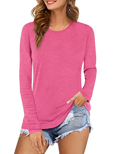 Beluring Damen Shirt Langarm Tshirt Oberteil Bluse Basic Tee Casual O-Neck Top Rosa XL