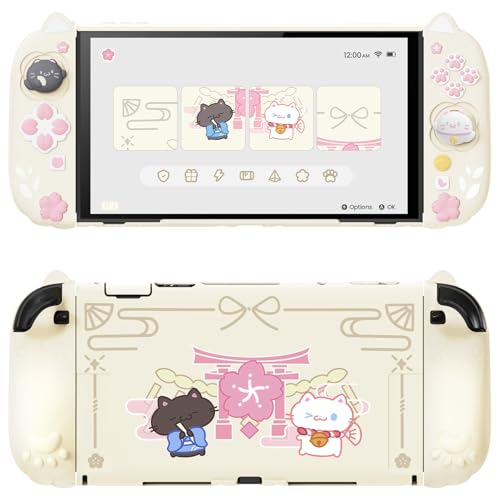 Image of PlayVital Cherry Blossoms Kitten Protective Case for Nintendo Switch 2 with Stand | Cute Cat Ear & Paw Silicone Grips, Dockable Hard Shell, 2 Joystick Caps | Full-Body Protection Cover, Antique Yellow