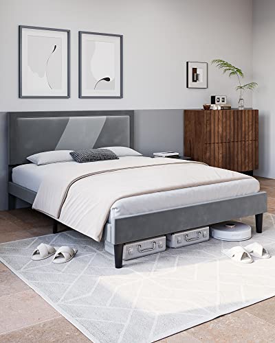 Homhougo King Bed Frame, Tufted Platform Bed Frame With Adjustable Height Headboard, Velvet Mix Color Upholstered Bed Frame, Light Grey #TOP5