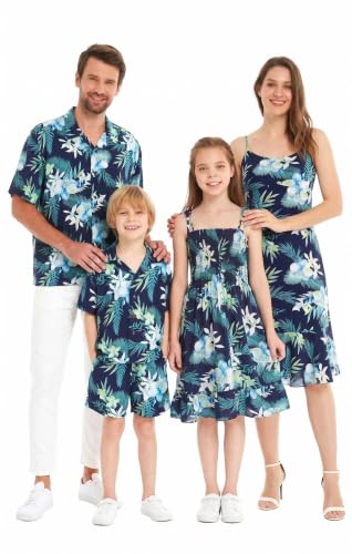 Image of Family Matching Hawaiian Clothes, Orchid Breeze Navy | Lightweight 100% rayon • Family matching outfits • Beach vacations • Luaus • Cruises • Family photos