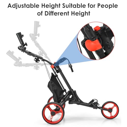 3 Wheel Golf Trolley, Folding Golf Cart with Storage Bag, Umbrella Holder, Foot Brake & Built-in Cooler, Portable Golf Push Trolley - Image 5