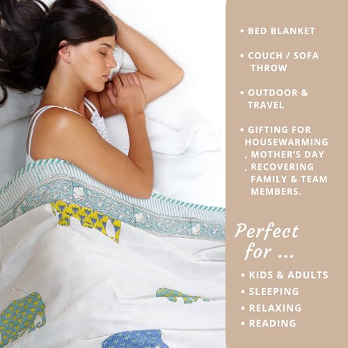 Image of TOAIArt Premium Jaipuri Dohar | AC Blanket Summer Quilt | Hand Block Printed | 3 Layers | Reversible | 150GSM 100% Mulmul Cotton | 100% Cotton Flannel Filling | Single 60 inch X 90 inch | Multicolor Elephant