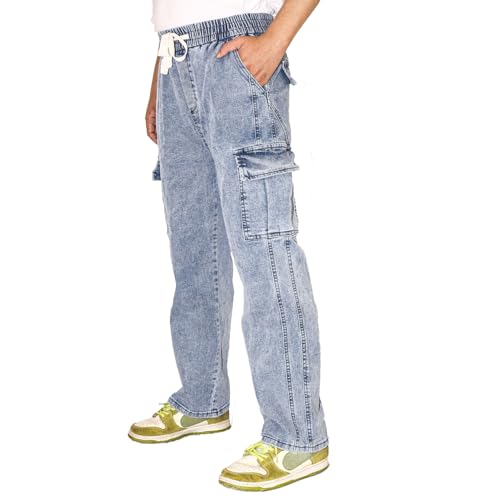 Men's Hiking Pants Casual Cargo Jeans - Multi-Pocket Denim Work Pants | Straight Leg | Elastic Waist & Drawstring for Hiking, Fishing, Tactical, Jogger Light Blue,Size M (32)