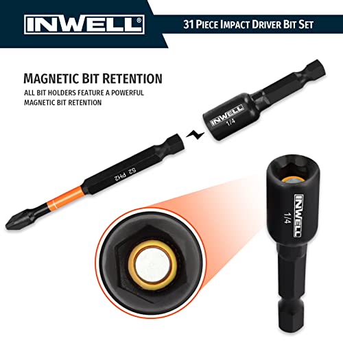 Inwell 31 Piece Impact Driver Bit Set, Impact Screwdriver Bit Set, Magnetic Nut Driver Set - S2 Steel Bits Set - Magnetic Tips - Phillips,Slotted,Hex,Square And Torx - For Power Drills #TOP2