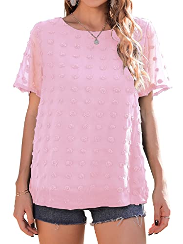 Neineiwu Womens Chiffon Blouse Summer Casual Round Neck Short Sleeves Pom Pom Shirts Tops (Pink,X-Large) #TOP1