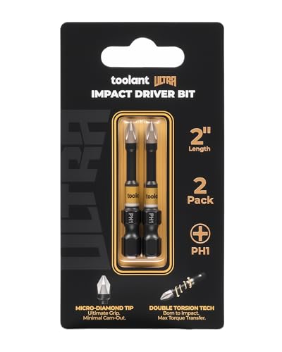 Image of toolant PH1 Phillips Impact Bit Set, 2 Inch, 2-Piece, Magnetic | S2 tool steel construction, precision-machined tips, anti-slip profile, magnetic retention, impact-driver use