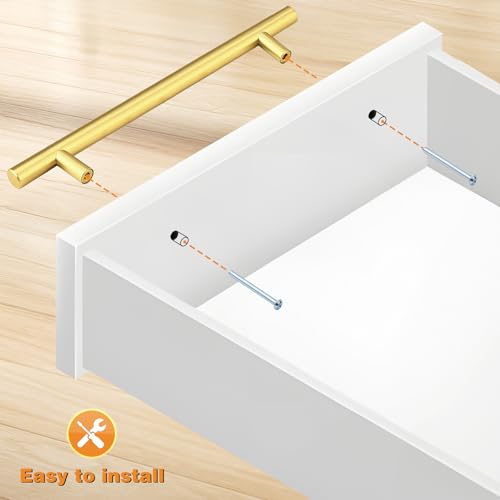 Image of Probrico 5 Pack 6-3 /10 Inch Center-to-Center Kitchen Cabinet Pulls T Bar Gold Cabinet Handles Modern Drawer Hardware Dresser Pulls, 8-4 /5 inch Total Length