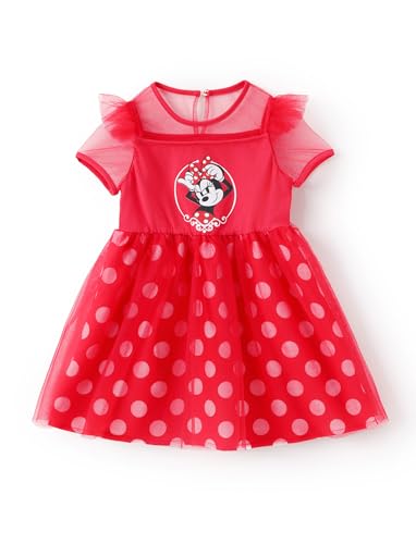 Disney Minnie Mouse Toddler Girl Dress Polka Dot Tulle Ruffle Summer Clothes Casual Skirt Birthday Dress up Sundress Short Sleeve Outfits Character Print Tutu One-Piece Set Red 5-6 Years