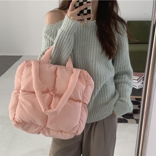 MadGrandeur Puffer Tote Bag Damen Glänzend Gesteppt Reißverschluss Puffy, Daunen Gepolsterte Schultertasche Niedliche Handtasche Ästhetische Handtasche, Z-pink, Large