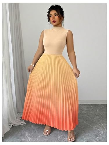 Image of SOLY HUX Women's Plus Size Summer Ombre Sleeveless Flowy Maxi Dress | Birthday, Pleated A Line, Mock Neck, Formal Outfits,Cocktail, Wedding, Graduation