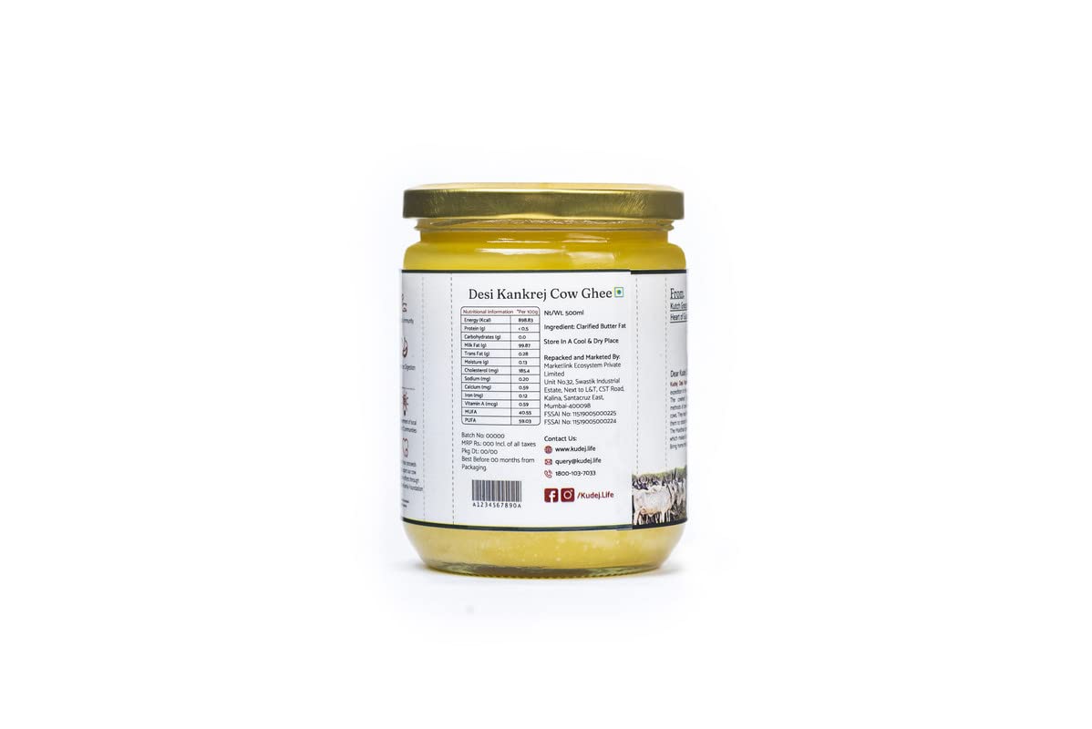 Kudej || Desi Kankrej Cow Pure A2 Ghee - Ghee cultivado 100% Bilona Churned Premium, fabricado con procesos védicos antiguos, botella de vidrio de 1 litro (2 x 500 ml) con embalaje sostenible