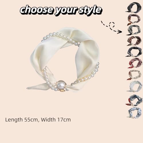 Women’s Silk Scarf Necklace with Charm Buckle Polka Dots Pearl Elegant Collarbone Chain Floral Print4