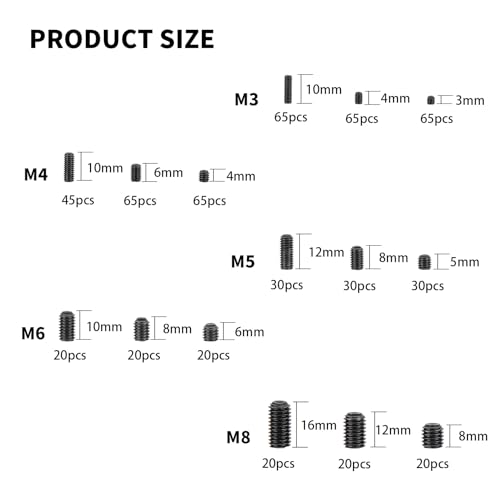 QOOSIKICC 580 Stück Madenschrauben Set, M3 M4 M5 M6 M8 Madenschrauben Sortiment Set, Innensechskant Gewindestifte Schrauben Kit, Kopflose Schraube Türgriff Schraube