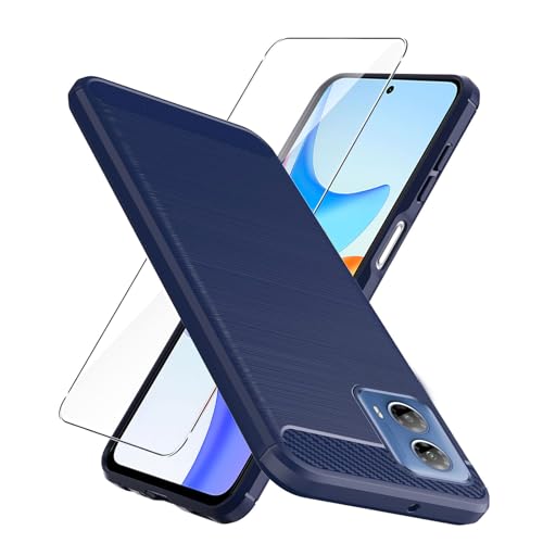 Vetro Temperato per Motorola Moto G34 5G Cover Blu Carbon Fiber + Pellicola Protettiva - Morbida Case Flessibile Fibra di Carbonio Custodia per Moto G34 5G 6.5