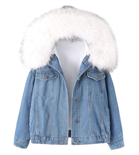 Flygo Women's Oversized Warm Sherpa Lined Faux Fur Hooded Denim Jacket Jean Coat