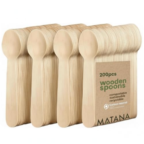 MATANA 200 Einweg Holzlöffel 16 cm - Einweglöffel aus Birkenholz, Glatt & Splitterfrei - 100% Natürlich, Kompostierbar & Biologisch Abbaubar -...